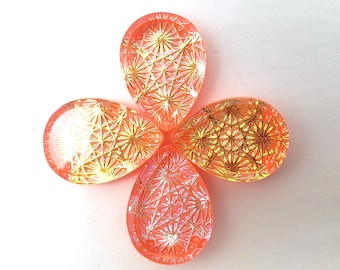 ONE (1) Pressed Glass Spider Web Kaleidoscope Cabochon Cab Ultra Orange AB Rare Custom Coated 18x13mm Bright Neon Shimmer Pointed Teardrop