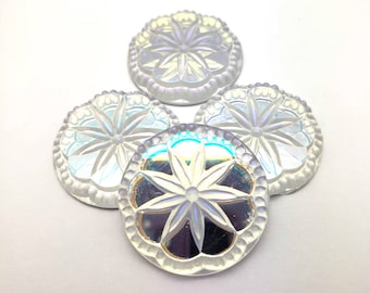 ONE (1) Pressed Glass Flower Button Cabochon Cab Crystal Glacier Blue Mirrored Rare Custom Coated 22.5mm Scalloped Etched Celestial Star