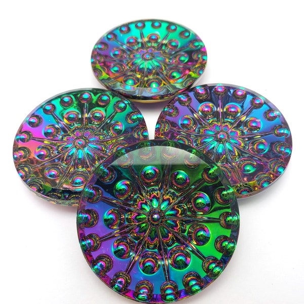 ONE (1) Pressed Glass Rosette Round Doublet Rivoli Cabochon Cab Electra Green Pink Rare Custom Coated 18mm 25mm 35mm Teal Blue Bubble Rose