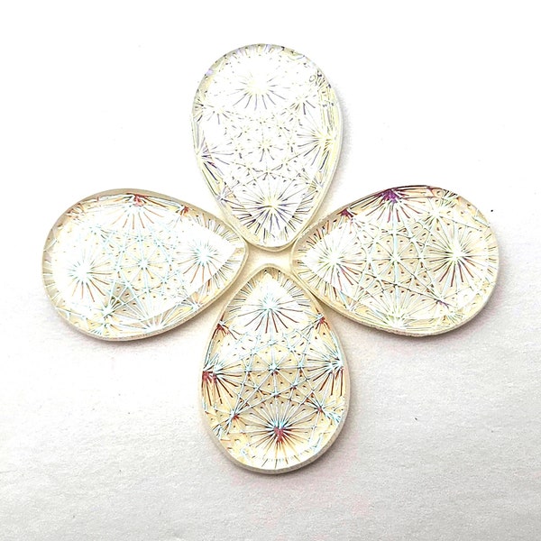 ONE (1) Pressed Glass Spider Web Kaleidoscope Cabochon Cab Ultra White Rare Custom Coated 18mm 18x13mm Blue Shimmer Pointed Teardrop 25mm