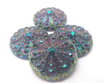 Green Glass Filigree Jet Glimmer Floral Cabachon Cab 22.5mm Jet Pink Magenta Watermelon Nautical Victorian Button Neon Bright Cerise Teal