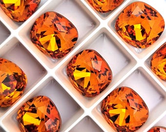 Four (4) Austrian Crystal Fancy Square Stone 4470 Dark Rose Brandy Indian Pink Siam Fire Orange Flame Rare Custom Coated 12mm 10mm Bold Hot