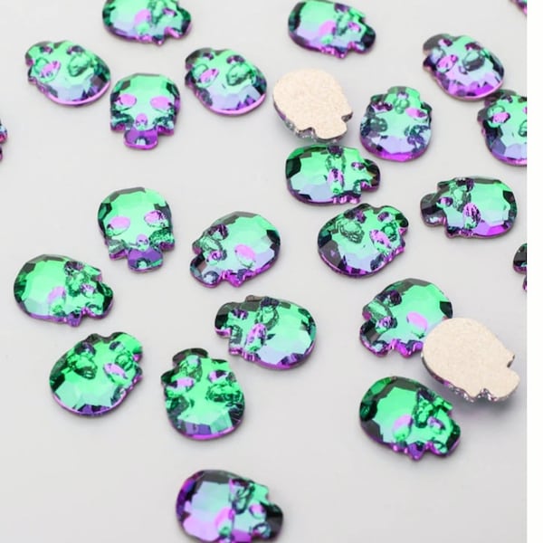 TEN (10) Rhinestone Crystal 6mm Skull Flat Back Flatback Neon Bold Electra Purple Poison Apple Green Iron Man Science Fictiion Sci Fi Alien