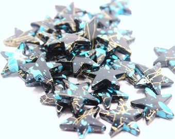 Black & Teal Star Beads Six 22mm Large Metallic Celestial Starry Night Sky Outer Space Lightweight Fashion Jet Ebony Constellation Splatter