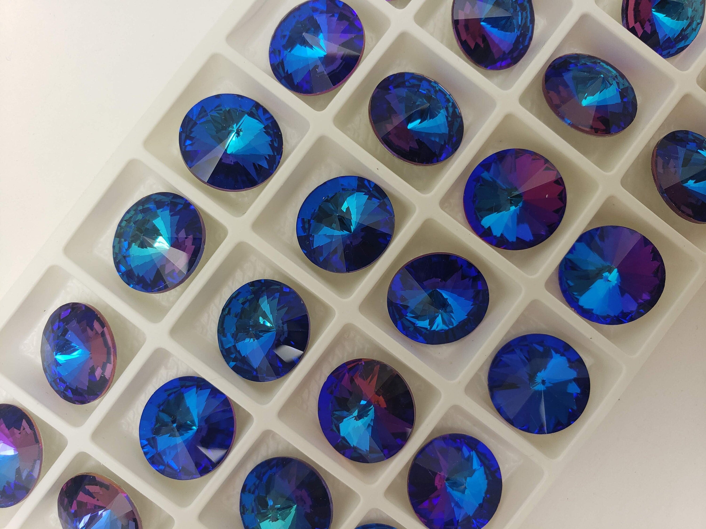 EIGHT (8) Aurora Crystal Rivoli Round Stone A1122 Violet Blue 14mm 16mm  Custom Coated Indigo Peacock Teal Bermuda Pointed Circlet Ocean Sea