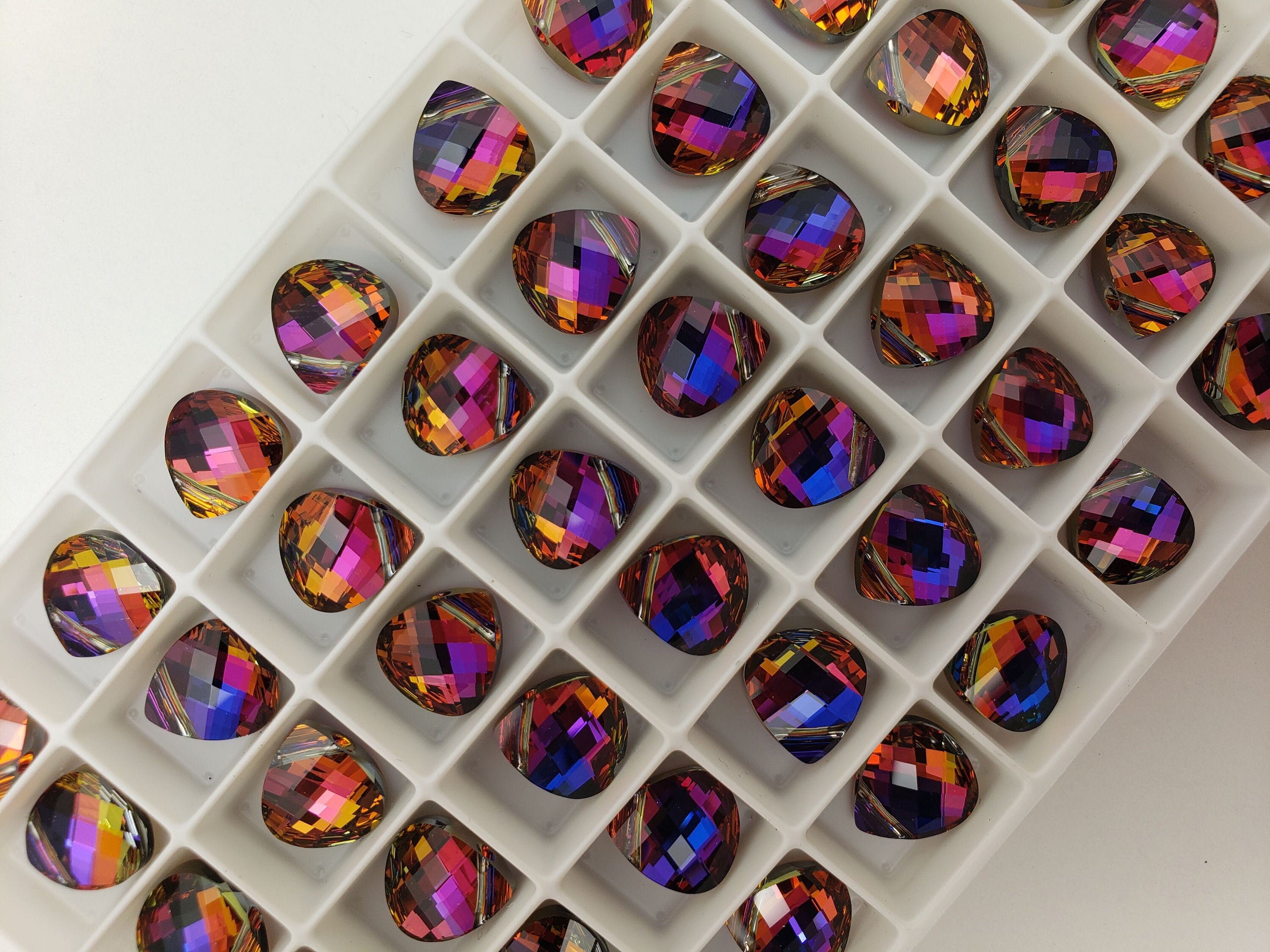 Four (4) Austrian Crystal Flat Briolette 6012 Volcano Heliotrope Rare Custom Coated 11x10mm Violet Indigo Cobalt Midnight Teardrop Magenta
