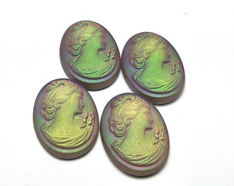 ONE (1) Pressed Glass Cameo Dark Purple Haze Cabochon Cab Pastel Pink Puce Green Electra Rare Custom Coated 25x18mm Oval Victorian Gothic
