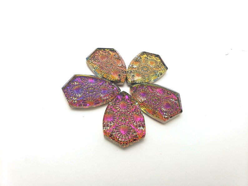 ONE 1 Pressed Glass Spider Web Kaleidoscope Shield Pendant Volcano Purple Pink Fuchsia Violet Orange Rare Custom Coated Shimmer Pointed image 7