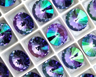 Four (4) Austrian Crystal Rivoli Round Stone 1122 Amethyst Tanzanite Rare Custom Light 12mm Metallic Glimmer Lilac Lavender Shimmer Circlet