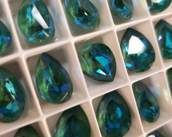 Pair Austrian Crystal Faceted Pear Fancy Stone Ultra Emerald AB 14/10mm Bright Teardrop Lime Grass Green Forest Sage Olive Pine Moss Jade