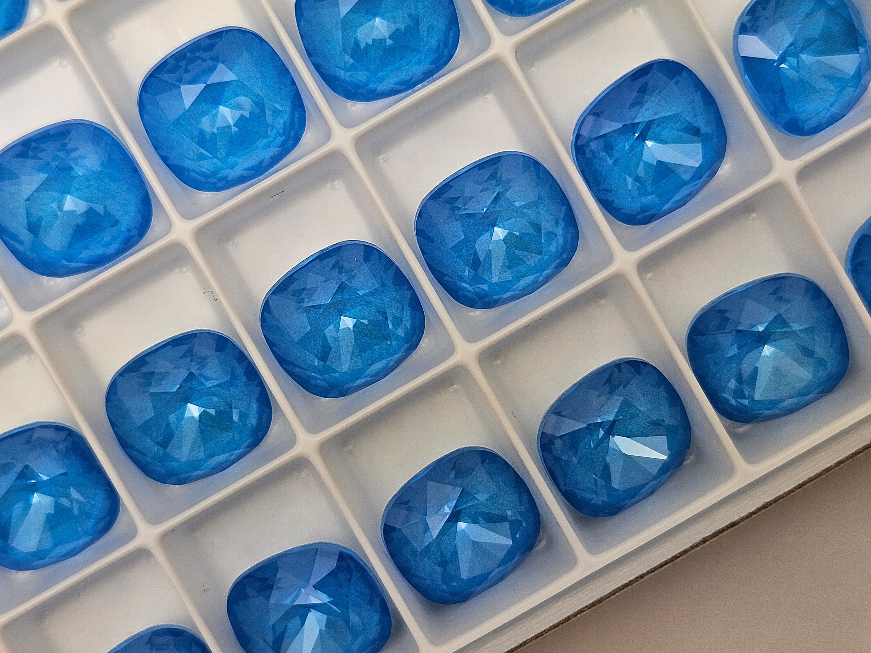 Four (4) Austrian Crystal Fancy Square Stone 4470 Electric Blue Rare Custom Coated 10mm 12mm Ignite Steel Icy Blue Cadet Baby Deep Ocean Sky