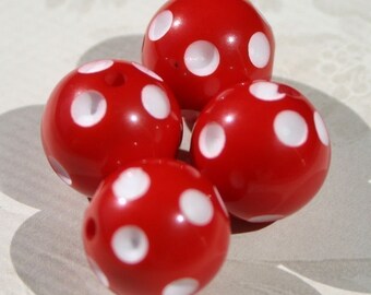 16mm Red and White Polka Dot Round Acrylic Beads  4 Count Rockabilly Cherry Crimson Scarlet Picnic Berry Lightweight Plastic Large Round Fun