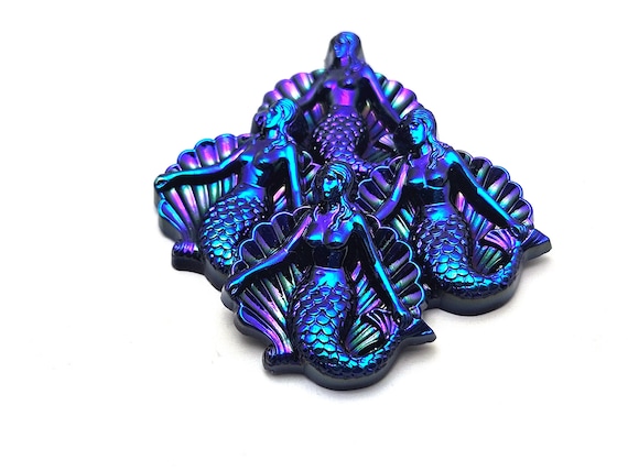 ONE (1) Glass Fancy Mermaid Cabochon 25mm 6883 Jet Blue Glacier AB Rare Custom Coated Cobalt Navy Shiny Shimmer Little Golden Ariel