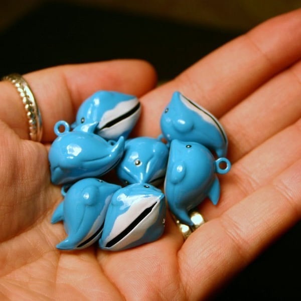 4 Metal Dolphin Bell Charms Baby Blue Turquoise Porpoise Animal Mamal Ocean Sea Beach Fish Painted Brass Jungle Bell Flipper Hawaii Tropics