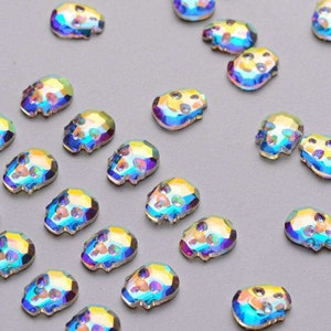 TEN (10) Rhinestone Crystal 6mm Skull Flat Back Flatback Aurora Borealis AB Pink Orange Fuchsia Light Rainbow Pastel Colors Sci Fi Alien