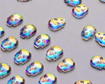 TEN (10) Rhinestone Crystal 6mm Skull Flat Back Flatback Aurora Borealis AB Pink Orange Fuchsia Light Rainbow Pastel Colors Sci Fi Alien