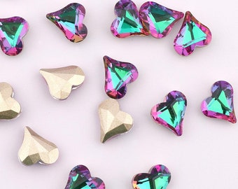 TEN (10) Crystal Rhinestone Faceted Xillion Heart Fancy Stone Electra True Love Heart Valentine 8x9mm Bright Rainbow Vitrial Med Pink Green