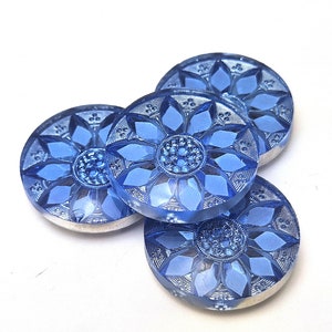 UN (1) cabujón floral de vidrio prensado con diseño de flores, color azul zafiro claro, raro, metálico, con brillo de bígaro, estrella puntiaguda de 31 mm y 23 mm, girasol
