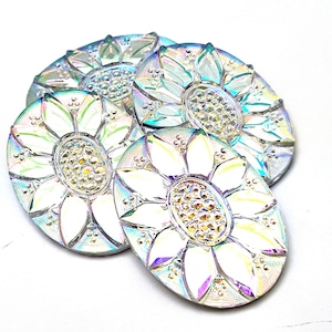 ONE Kristall AB Verspiegelt Deutscher Glas Stern Blume Oval Cabochon Cab 30x40mm 18x25mm Sonnenblume Floral Groß Pastell Regenbogen rosa Gelb Schimmer