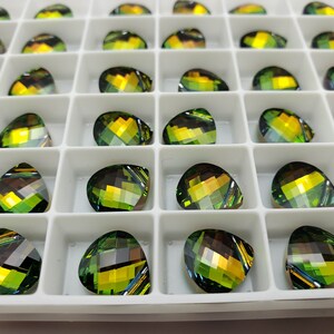 Quatre 4 Swarovski Crystal Flat Briolette 6012 Aquamarine Sahara Orange Rare Custom Coated 11x10mm Bright Grass Lime Green Golden Brown image 2