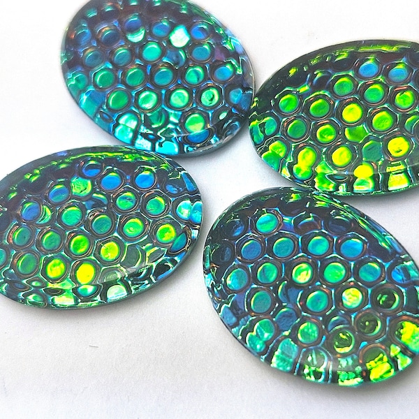 ONE (1) Pressed Glass Mermaid Scales Oval Doublet Cabochon Cab Custom Coated Sphinx Green Pink Shimmer Fish Snake Dragon 18x13mm 13x18mm