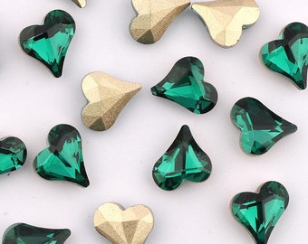 TEN (10) Crystal Rhinestone Faceted Xillion Heart Fancy Stone Emerald True Love Heart Valentine 8x9mm Green Beryl Grass Shamrock Clover Lime