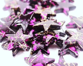 Black Purple Star Beads Six 22mm Large Metallic Celestial Starry Night Sky Outer Space Lightweight Fashion Jet Ebony Constellation Splatter