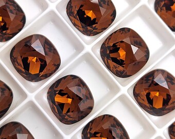 Four (4) Austrian Crystal Fancy Square Stone 4470 Smoked Topaz Custom Coated 12mm 10mm Cocoa Smoky Quartz Gold Bronze Chocolate Mahogany