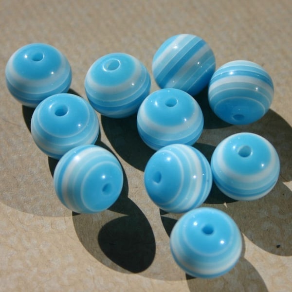 10 Ten Striped Sky Blue 12mm Laminated Acrylic Resin Beads Turquoise White Teal Aqua Sky Baby Lightweight Round Layered Pressed Plastic