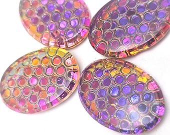 ONE Pressed Glass Mermaid Scales Bubble Burst Oval Cabochon Cab Orange Volcano Fuchsia Purple Pink Fish Snake Dragon Metallic Silver Shimmer
