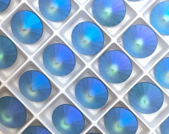 Four (4) Swarovski Crystal Rivoli Round Stone 1122 Sapphire Frost Custom Coated 12mm Etched Frosted Blue Purple Green Seaglass Sea Glass