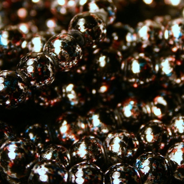 8mm Vintage Glass Red Black and Blue Metallic Splatter Beads Small Eighties Old Stock Unique Metal Flake