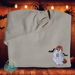 Ghost Coffee Embroidered Shirt, Ghost with Coffee Sweatshirt, Cute Ghost Sweatshirt, Halloween Embroidered Ghost, Halloween Sweatshirt