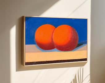 May include: A framed painting of two red spheres on a blue background. The spheres are touching and appear to be made of a smooth, shiny material. The background is a deep blue, and the spheres are a bright red.