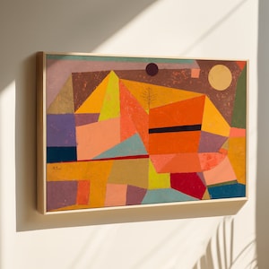 May include: Abstract geometric painting in a wooden frame. The painting features a variety of shapes and colours, including yellow, orange, red, blue, green, and purple. The painting is a modern interpretation of a landscape.