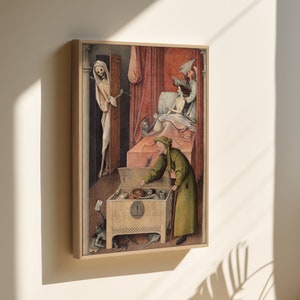 Hieronymus Bosch wall art print, Death-and-the-Miser canvas wall art, framed or unframed, Ship from UK/US/EU
