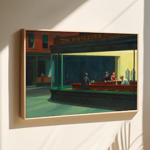 May include: A painting of a diner scene at night. The diner is called "Phillies's". There are four people sitting at the counter, and the diner is lit up with warm yellow light.