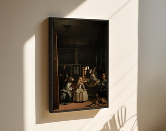 May include: A framed oil painting depicting a group of people in a room with a large mirror. The painting is in a dark, muted color palette and features a young girl in the center of the composition.
