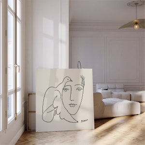 Picasso line art square canvas wall art, Face and peace dove line art canvas, framed or unframed, Ship from UK/US/EU