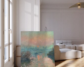 Monet square canvas wall art, Sun setting on the Seine at Lavacourt, 1880, painting canvas, framed or unframed, Ship from UK/US/EU