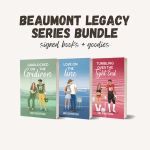 May include: A set of three paperback books with colorful covers featuring illustrations of people playing sports. The books are titled "Gridlocked on the Gridiron", "Love on the Line", and "Tumbling Over the Tight End". Each book has the author's name, "Vai Denton", printed on the bottom.