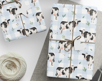 Blue Gingham Dairy Cow Wrapping Paper Roll Cow Country Paper Farm Cow Party Gift Wrap for Cow Lover Birthday Cute Cow Themed Party Farmhouse