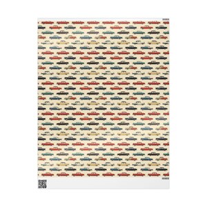 May include: A vintage-style pattern featuring rows of colorful cars on a cream background. The cars are in various shades of red, blue, green, and yellow, and they are all facing the same direction. The pattern is perfect for adding a retro touch to any project.