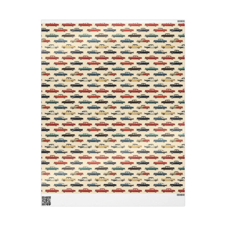 May include: A vintage-style pattern featuring rows of colorful cars on a cream background. The cars are in various shades of red, blue, green, and yellow, and they are all facing the same direction. The pattern is perfect for adding a retro touch to any project.