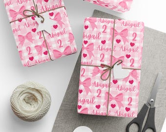 Custom Coquette Wrapping Paper Rolls Birthday Custom Name Gift Wrap for Girls Pink Bow Gingham Wrapping Paper for Children Personalized Age