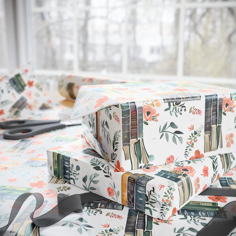 Cottagecore Floral Books Wrapping Paper Roll Unique Adult Gift Wrap for Book Lovers Birthday Party Paper Reading Enthusiast Paper Bookish image 2