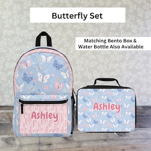 Pink & Blue Butterfly Backpack and Lunchbox Girly Kindergarten Bookbag for Girls Cute Toddler Backpack Kids with Lunch Bag Butterfly Bag