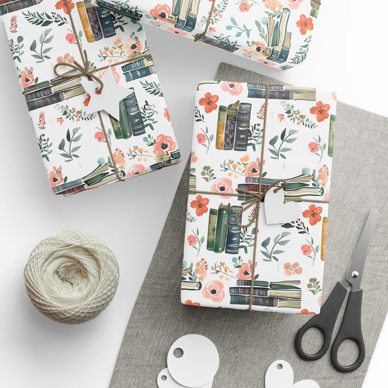 Cottagecore Floral Books Wrapping Paper Roll Unique Adult Gift Wrap for Book Lovers Birthday Party Paper Reading Enthusiast Paper Bookish image 1