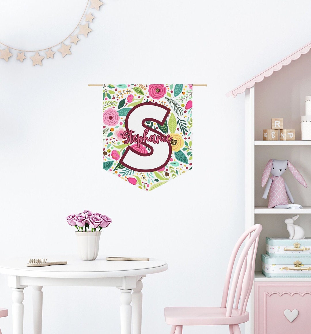 Floral Pennant Custom Kids Room Girl Pennant Flag Wall Hanging ...