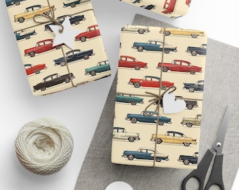 May include: Vintage car wrapping paper with a cream background and a repeating pattern of colorful cars. The cars are in shades of red, blue, green, and white.